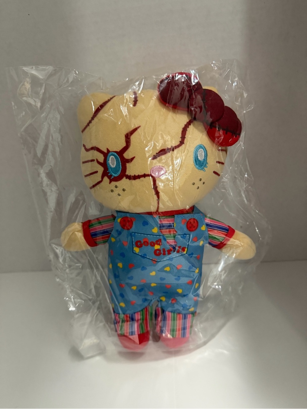 Plush Cat Doll in Cream with Blue Overalls - Kids Toy